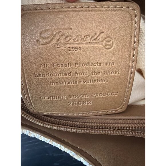 Fossil Woven Straw & Leather Bag Key Accent Dual Top Handles Zipper Beige & Tan - Picture 3 of 7